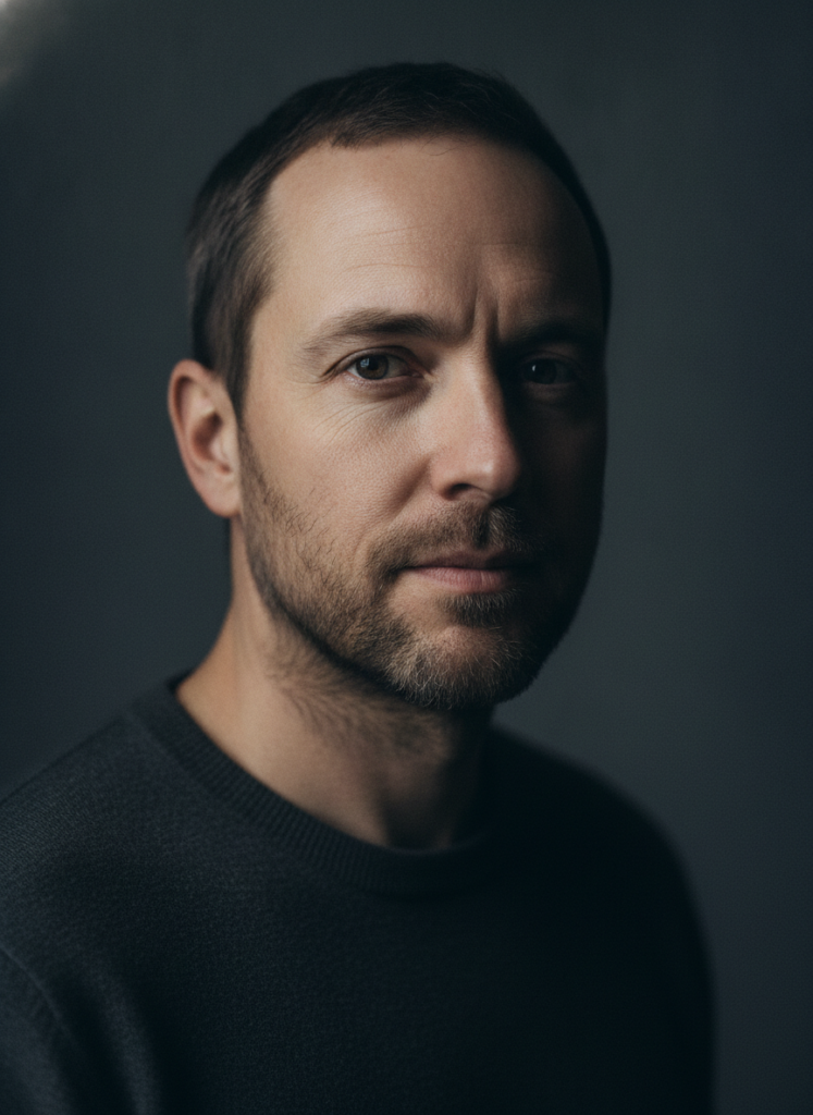 Пример по промту: Photorealistic portrait of a man around 35, waist-up, half-turned, calm confident gaze int