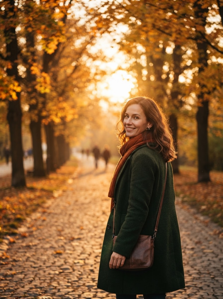 Пример по промту: Photorealistic photo: a woman around 35 in a dark green coat walking along an autumn avenu