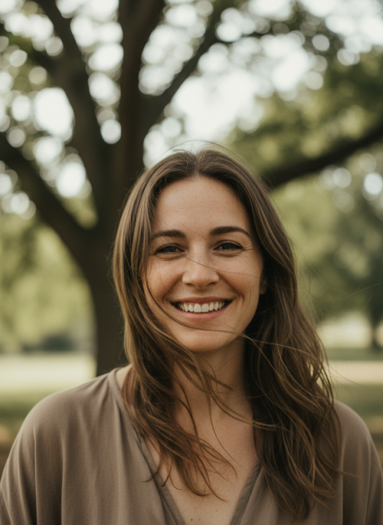 Пример по промту: Photorealistic portrait of a smiling person outdoors, soft natural light, light wind in th