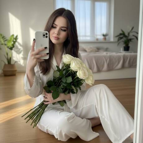 Селфи в зеркале с белыми розами