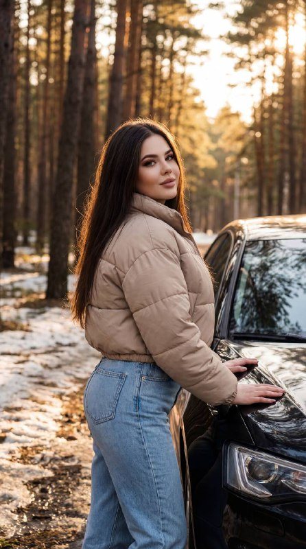 Портрет девушки у автомобиля в лесу