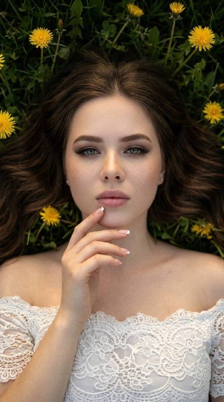 Портрет девушки среди желтых одуванчиков