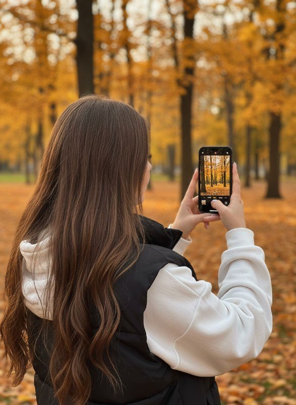 Девушка фотографирует осенний пейзаж